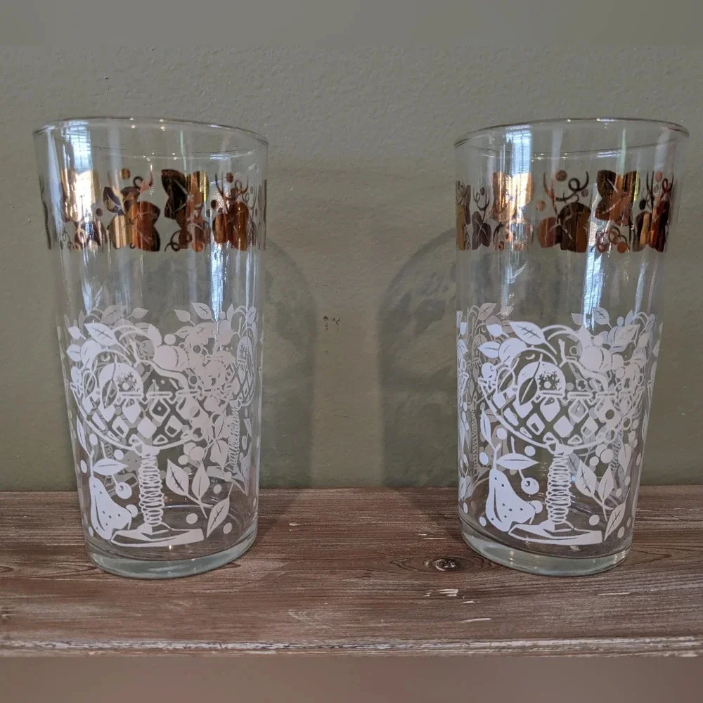 Vintage MCM 2 Hazel Atlas Tumbler Drinking Glasses Gold & White Fruit Basket